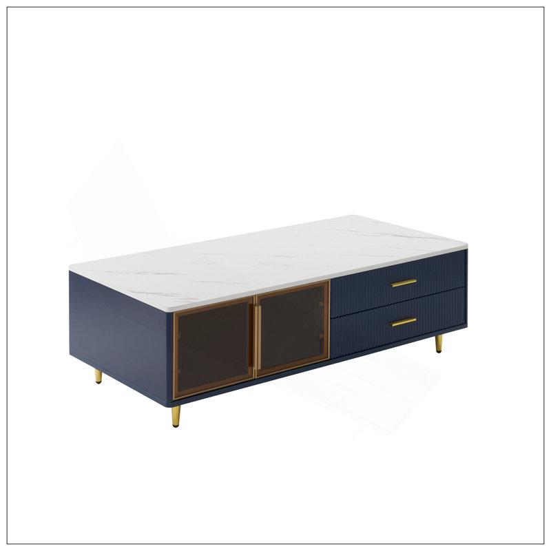 Modern Navy Blue Coffee Table With 2 Glass Door Storage, 4 Drawers, Gold Metal Legs, And Multi-Color Lighting In 47.2''