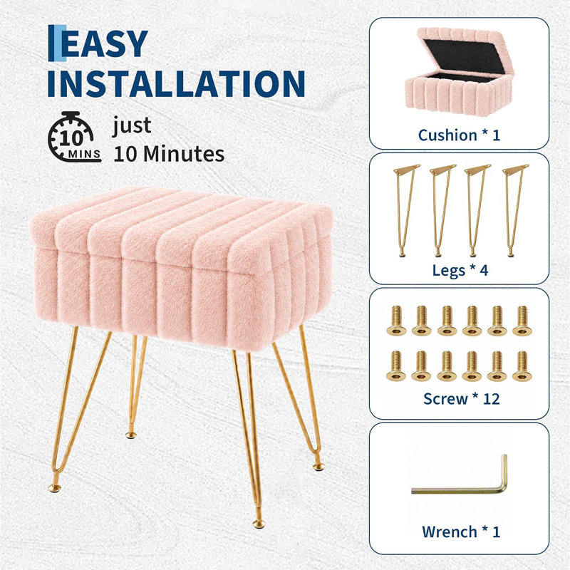 Tabouret de coiffeuse avec rangement, Pink, Fourrure