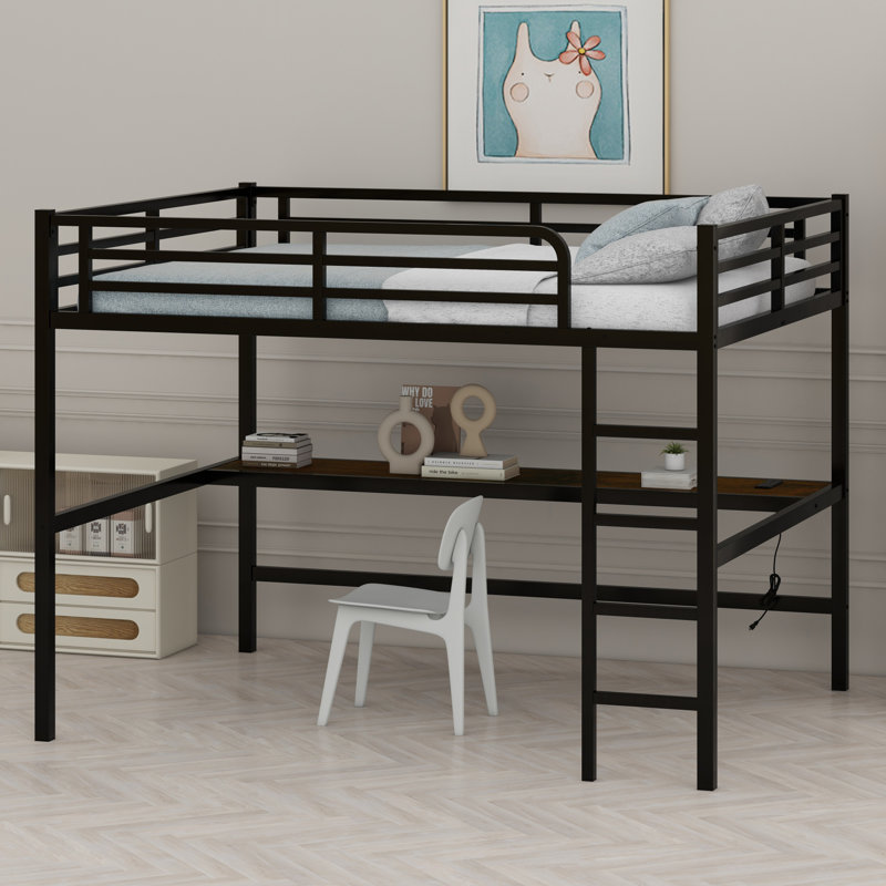 Metal Loft Bed With Power Outlet And LED Lighted, Space-Saving, Black