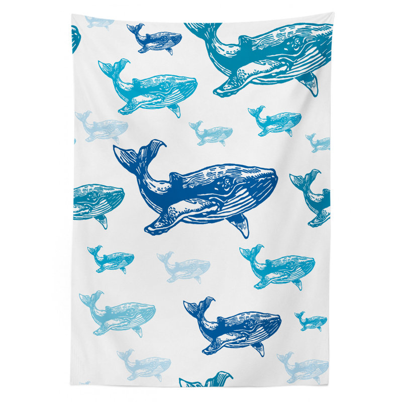 Ambesonne Sea Animals Tablecloth, Colorful Realistic Engraved Style Of Whale Animals Dangerous Creature Print, Rectangular Table Cover For Dining Room Kitchen Decor, 52" X 70", Blue White