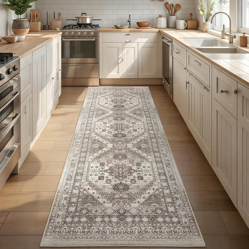 Medallion Non Slip Washable Rug(Brown), Runner 2'6" x 8'