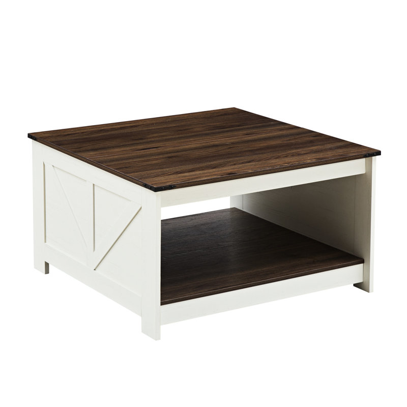 Table basse carrée d'aspect rustique, rangement pour cocktail en bois, tiroir semi-ouvert, noyer, plateau à gratter, pour salon et réunion, et finition stable