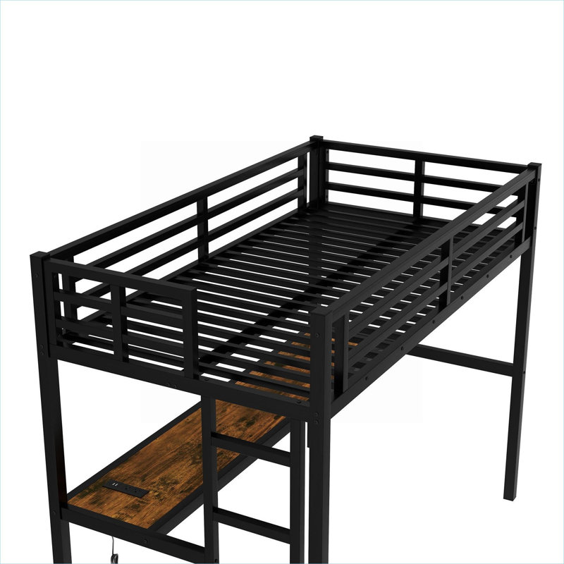 Structure de lit mezzanine simple en métal noir profond avec bureau intégré pour dormir et étudier dans une petite chambre