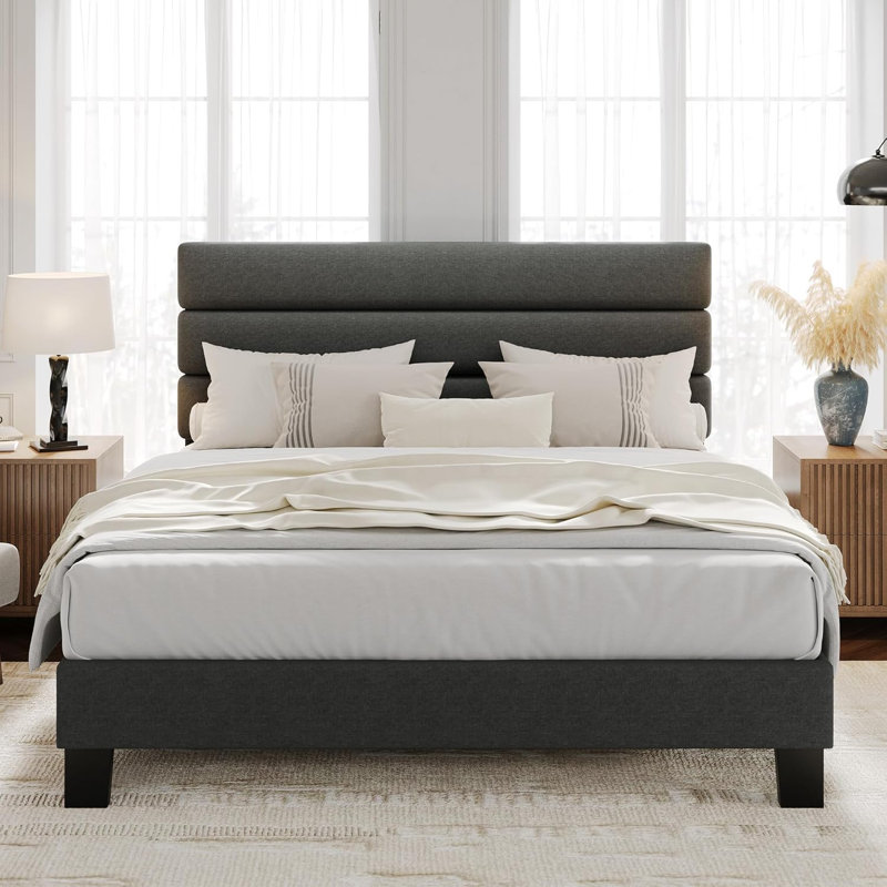 Base de lit plateforme avec tête de lit réglable, support en tissu et lattes en bois, sommier robuste, aucun sommier requis, assemblage facile