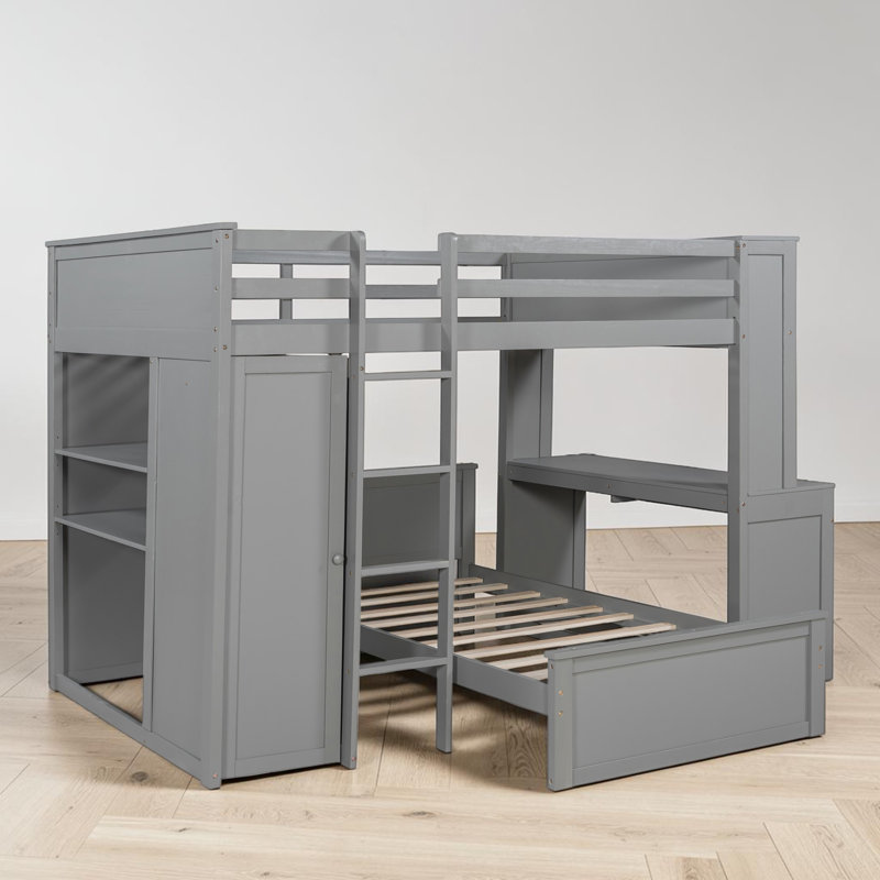 L - Shape Bunk Bed With Built-In Desk And Wardrobe, Gray, Full Over Twin