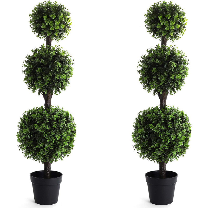4' Green Plastic Boxwood Topiary Tree in Black Planter