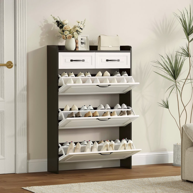 1250 Black Colour Shoe Cabinet With 3 Doors 2 Drawers,PVC Door With Shape ,Large Space For Storage, Black