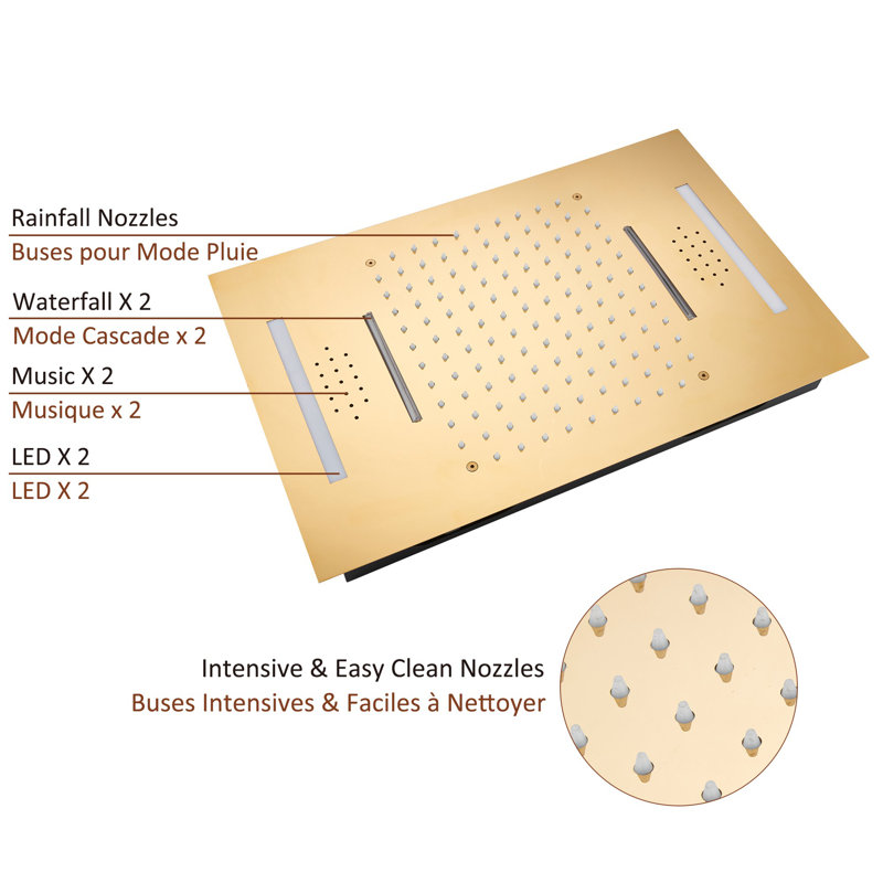 Luxury Gold Ceiling Mounted Dual Shower System with LED and Bluetooth Speaker