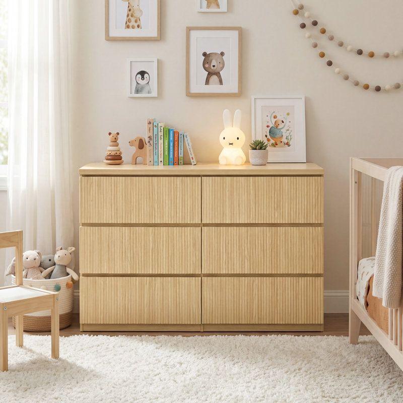 Commode 6 tiroirs Modern avec façades à panneaux ondulés pour la chambre à coucher et le salon | Idée de cadeau, Tanné