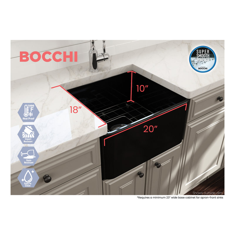 BOCCHI 18'' W Single Bowl Fireclay Farmhouse Kitchen Sink 0, Matte Black