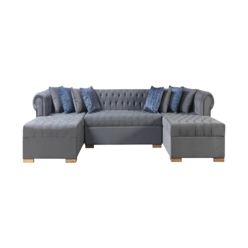 Canapé modulaire et méridienne en velours gris trois pièces avec coussins décoratifs en U