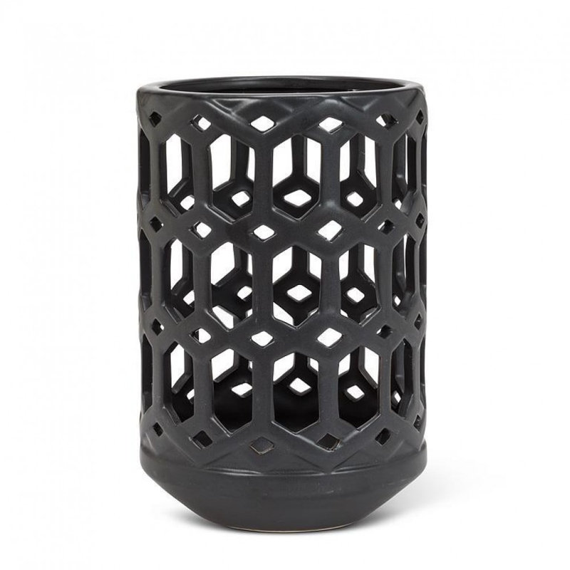 Matte Black Openwork Frame Candle Lantern, 9" H x 6" W x 6" D