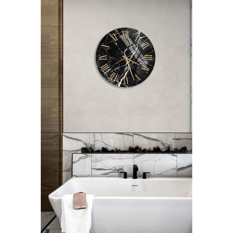 Horloge murale en verre trempé en marbre noir, horloge moderne, horloge Art déco, 20 pouces, Or anglais