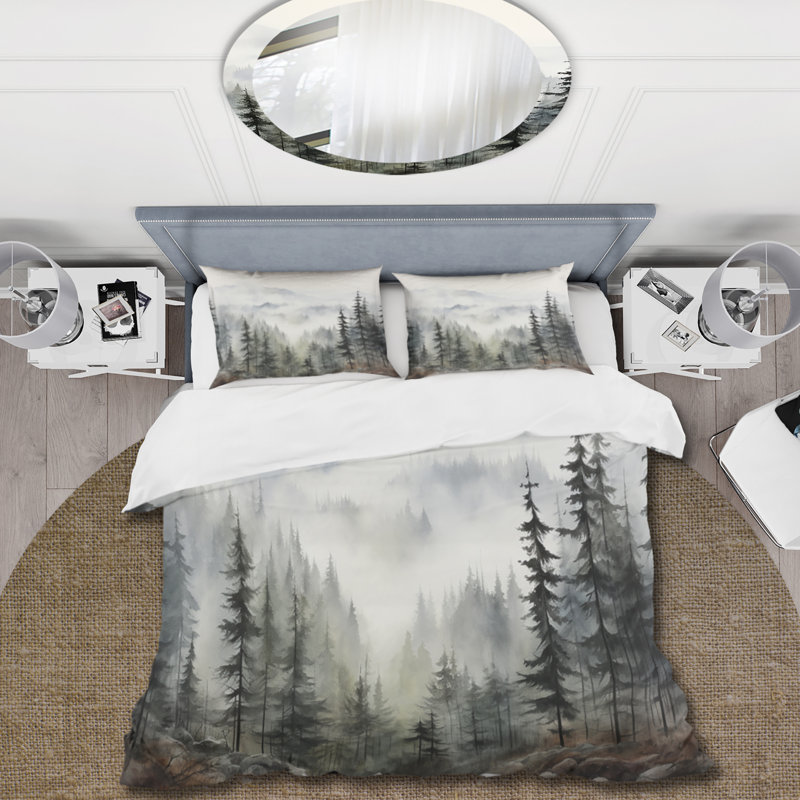 Pine Tree Misty Mountain II - Floral Duvet Cover Set, King Duvet Cover + 2 King Shams