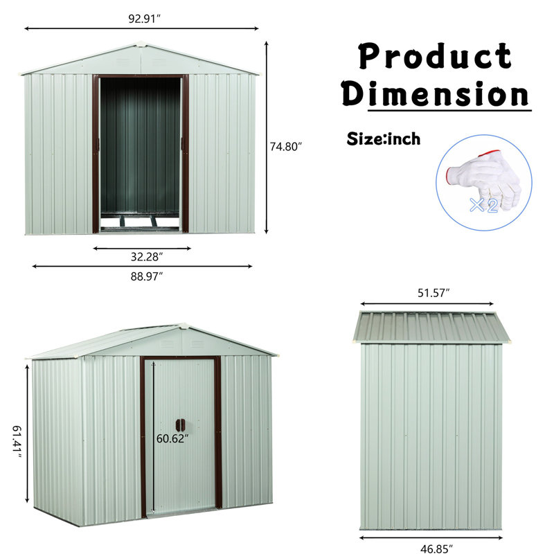 Outdoor Metal Shed 8ft X 4ft With Aluminium And Lock White Robust Structure Padlock, White