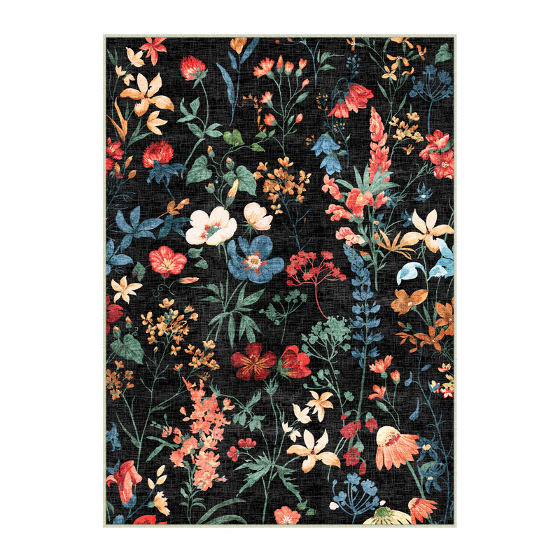 Cherry Machine Washable Floral Area Rug With Non-Slip Backing, Rectangle 9' x 12', Black