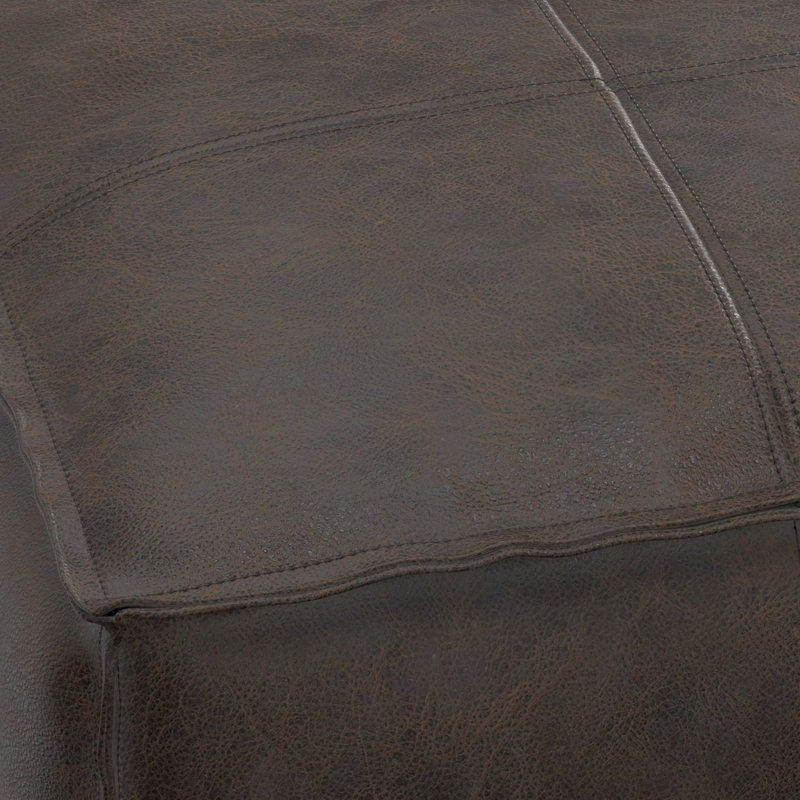 18 Inch Wide Square Pouf In Distressed Dark Brown Genuine Leather
