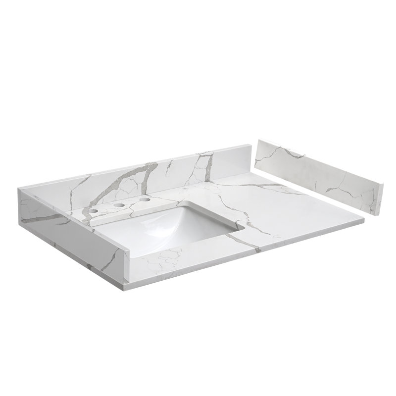 Comptoir de salle de bain 36 pouces avec comptoir en pierre de quartz avec lavabo rectangulaire encastré en céramique et 2 éclaboussures latérales