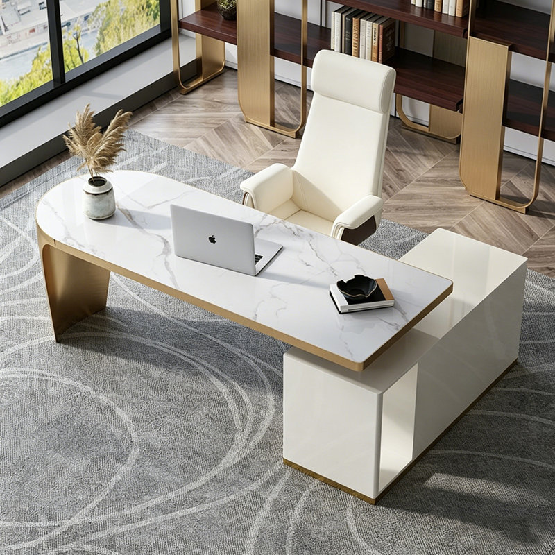 Bureau de 55,12 po en granit blanc moderne et luxueux, 29.53" H x 55.12" W x 47.24" D