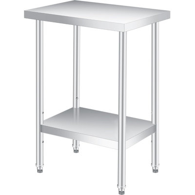 Table en acier inoxydable pour la préparation et le travail, table de travail de cuisine à 2 niveaux avec tablette réglable et pieds préinstallés, petite table en métal pour le restaurant, la maison, le garage et l'extérieur