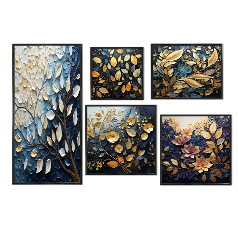 Feuille et fleur charme en hiver II - feuilles murales ensemble de salon de 5, Cadre flottant noir