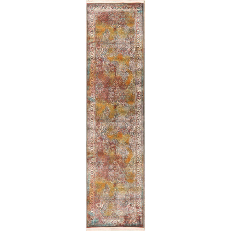 Tapis brun/bleu à motif floral Liverpool, Tapis de couloir 2 pi 6 po x 10 pi 0 po