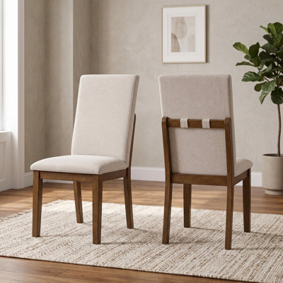 Ensemble de 2 chaises en bois rembourrées, noyer foncé, tissu beige clair