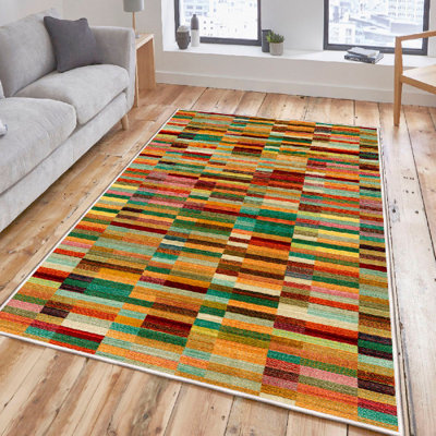 Tapis lavable à la machine de qualité supérieure, 100% coton, 5,2 x 7,5 pieds | Antibactérien, sous le PVC antidérapant, hauteur de poils de 0,3 pouce | Couleurs vibrantes d'orange, de jaune, de chameau, de rouge et de brun | Parfait pour le salon et la chambre à coucher