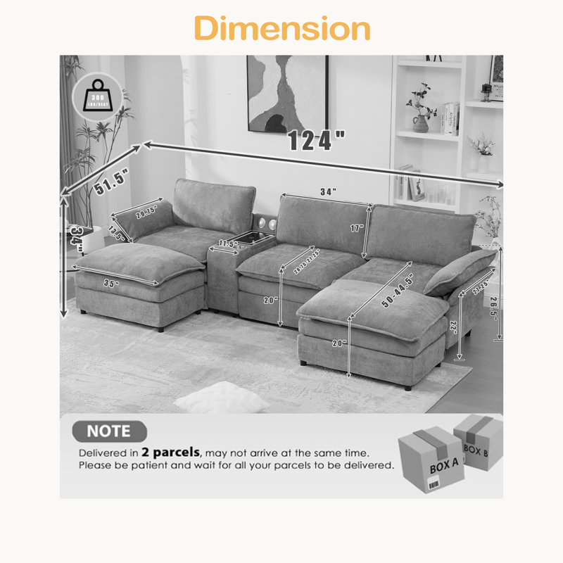 U Shaped Modular Sectional Sofa,Storage Console & Wireless Charging,2 Cup Holders,Bluetooth Speakers,2 Movable Footstools