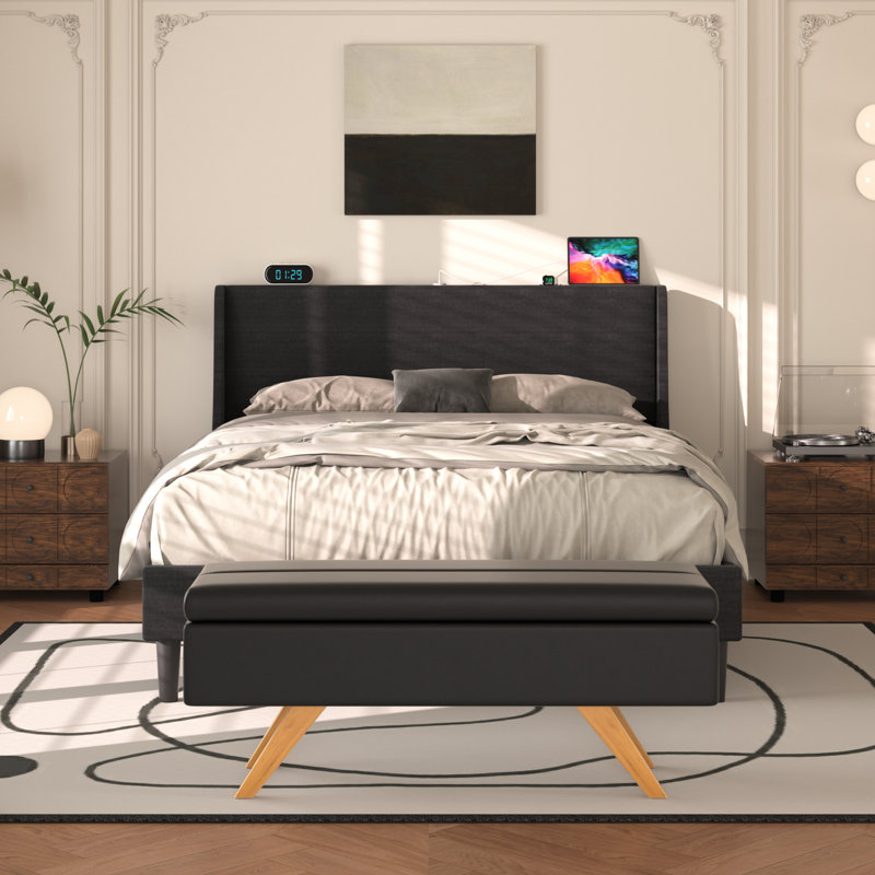 Ensemble de lit avec ensemble de chambre à coucher 2 pièces avec rangement pour repose-pieds, cadre de lit plateforme tapissier et ensemble de repose-pieds