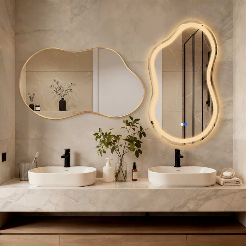 Cloud Shaped Wall Mirror Set, Led Mirror And Accent Mirror, Gold, 36" x 20"