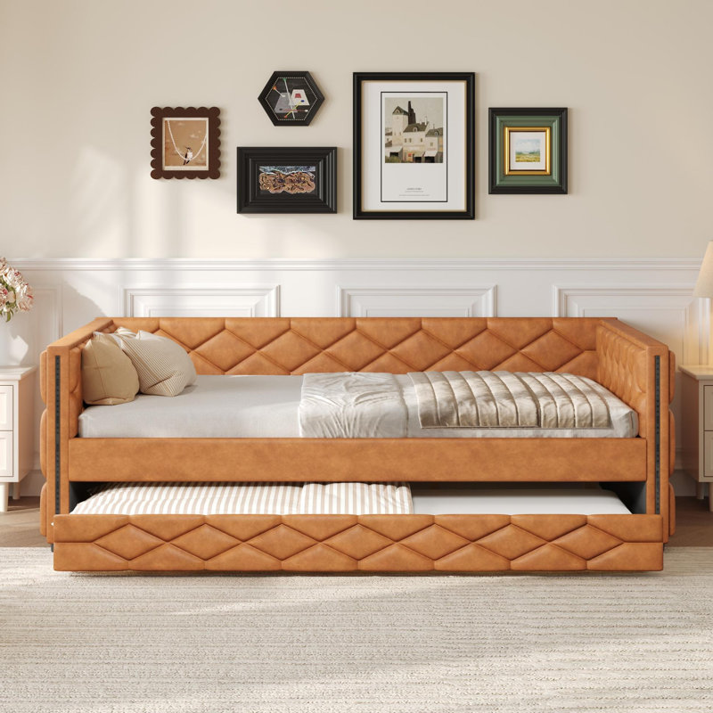 Full XL Size Upholstered Daybed With Trundle And LED, Brown