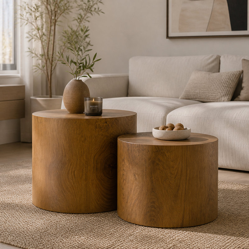 Ensemble de 2 tables basses gigognes rondes en bois, tables d'appoint rondes et modernes, gain de place, idéales pour les petits espaces, le salon, la chambre ou le bureau.