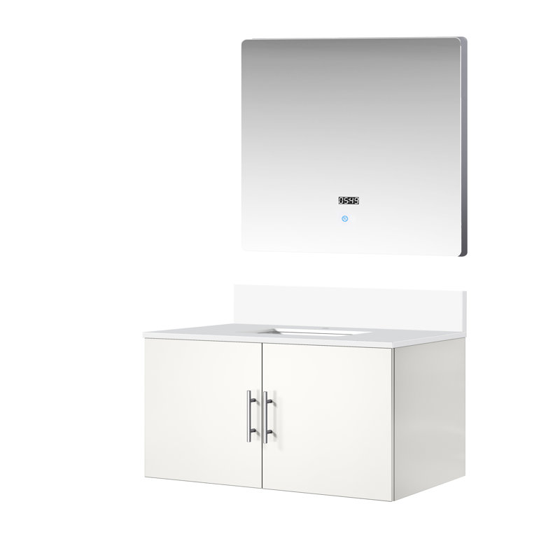 Meuble-lavabo blanc lustré de 91,4 cm (36 po) de largeur x 55,9 cm (22 po) de profondeur avec comptoir en quartz et miroir - Spacieux, résistant aux taches sur le dessus et à fermeture douce