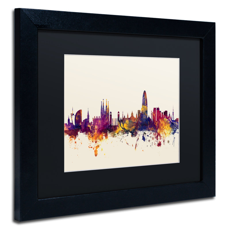 "barcelone espagne horizon" , impression encadrée, H 11 po x l 14 po x P 0,5 po, Cadre noir, Noir