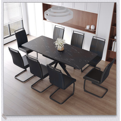 Ensemble de table de salle à manger extensible pour 6 à 8 personnes avec chaises rembourrées en forme de C et pieds en métal pour les salles à manger modernes et traditionnelles