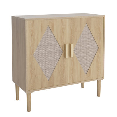 Boho Rattan Buffet Sideboard Cabinet – 2 Diamond Weave Doors – Ample Storage for Living Room, Dining Room, Entryway – Light Wood Color