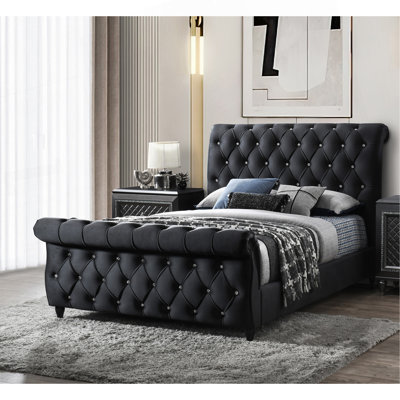1Pc King Panel Bed Deep Button Tufts Diamond-Stitched Pattern Curve Headboard Footboard Bedroom Furniture