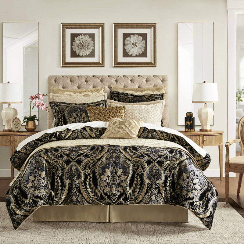 Très grand édredon 4 pièces - 1 édredon, 2 taies décoratives, jupe de lit, ornement exquis, fermeture à glissière cachée, chenille, structure avec design inclus processus amélioré 2022, satin antique, matériau
