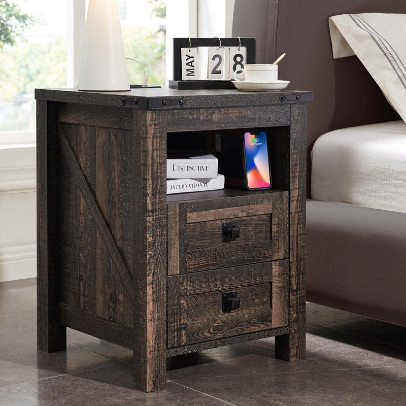 Adaija 18" W 2-Drawer Nightstand with Outlets and USB Ports, Dark Rustic Oak