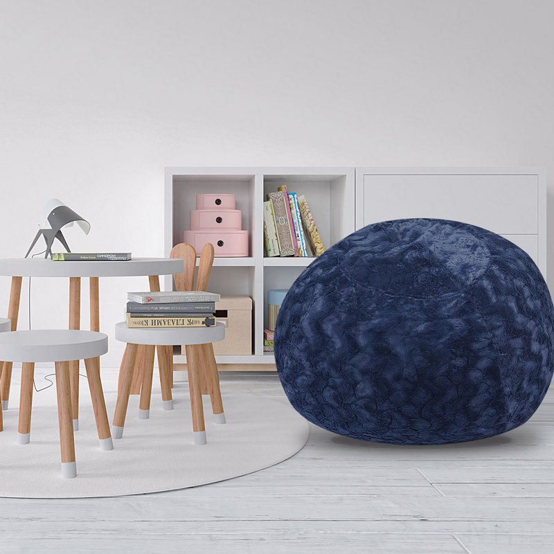 Faux Fur Bean Bag Chair, Navy-5ft Cozy And Stretchable Fabric Lounger For Children And Adults With Easy-Clean Cover, Comfortable Faux Fur Seating For Bedrooms, Filled With Shredded And Memory Foam.