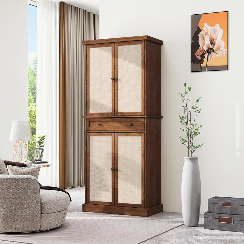 Armoire à 4 portes avec 1 tiroir, charge de 210 livres, processus d'ingénierie, résistant aux rayons du soleil et aux égratignures, tablettes intérieures réglables, charnière en métal pour ouverture à 180 degrés, accessoire de surmatelas, panneau de particules