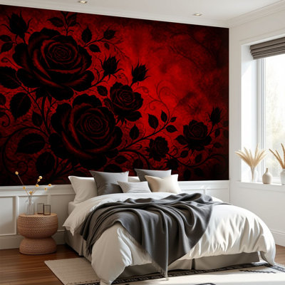 Peel and Stick Wallpaper Black Roses Elegant Black Roses Against Rich Red Wall Murals 100"H x 144"W Removable PVC Wall Paper Self-Adhesive Wall Decor for Bedroom Living Room Home Office