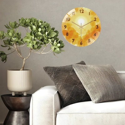 Orange Yellow Clock Face Sun Bubbles Art - 12'' Modern Glass Wall Clock