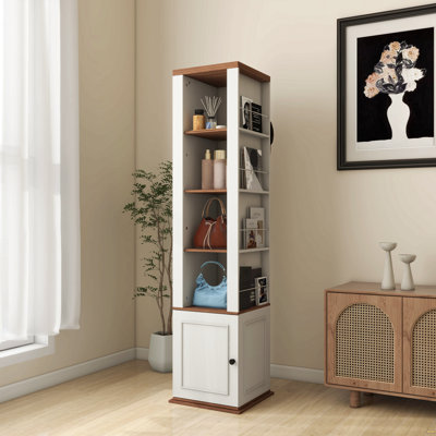 360° Rotating Storage Cabinet With Full-Length Mirror, Total Of 8 Open Shelves On Both Sides, One Side Hooks, 1 Door With A Shelve, For Living Room, Entryway, Bathroom-Antique White