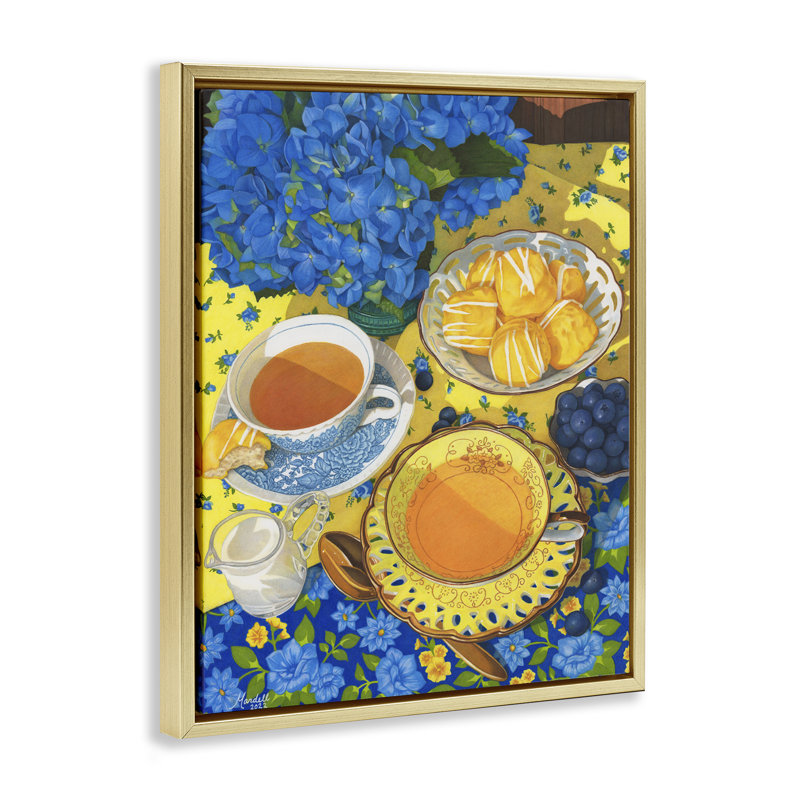 «Blue & Yellow Tea Party», art mural encadré par Mardell Schuster, Cadre flottant métallique doré, H 21 po x l 17 po