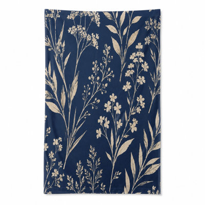 1Pcs Navy Blue Floral Beach Towel, featuring delicate white botanical print. Large microfiber, suitable for, swimming, travel, and camping, unisex.