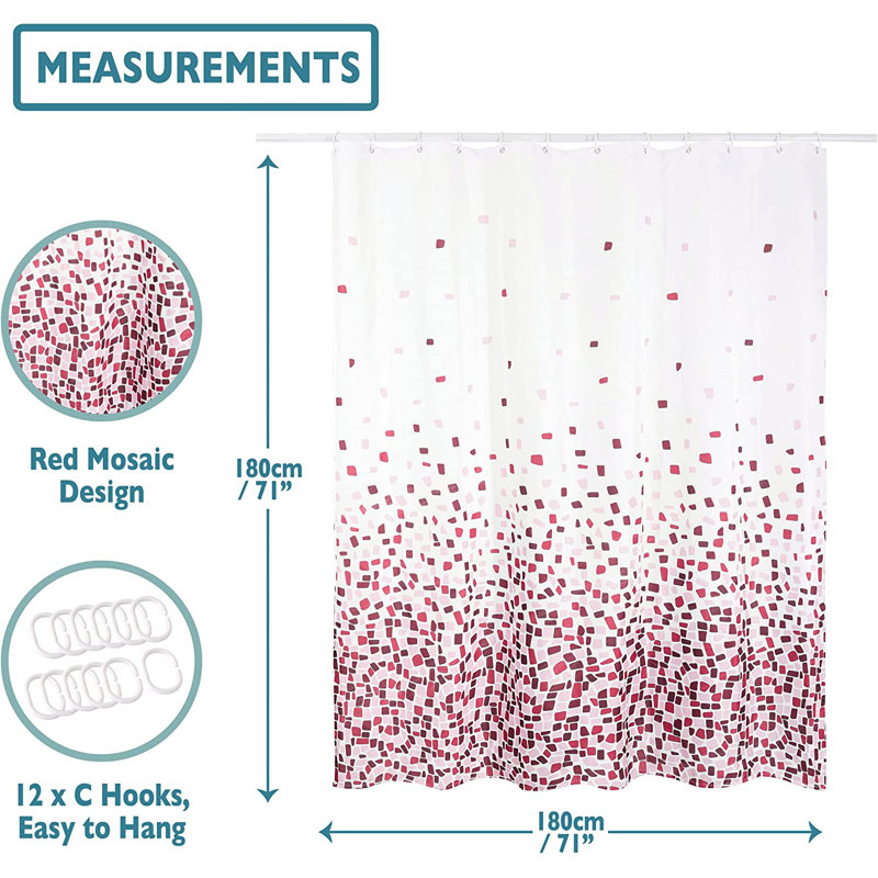 13 Piece Polyester Shower Curtain Set, Red/White 