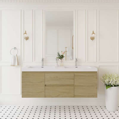 60 Inch Floating Bathroom Vanity With Double Resin Sinks And Soft Close Drawers, Modern Wall-Mounted Storage Solution