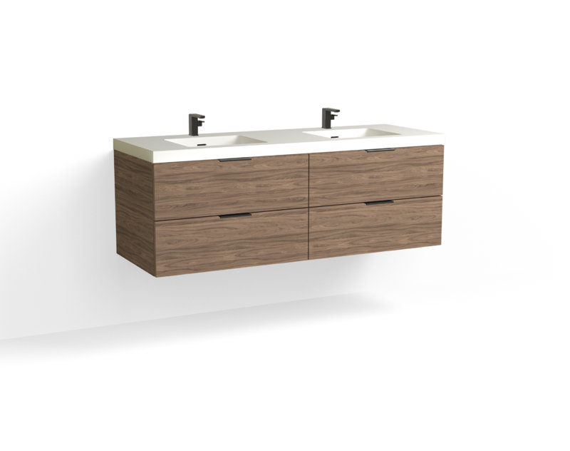 Avila 60" W Wall Mounted Double Bathroom Vanity, Matte White/Single, Nocino, Satin Brass